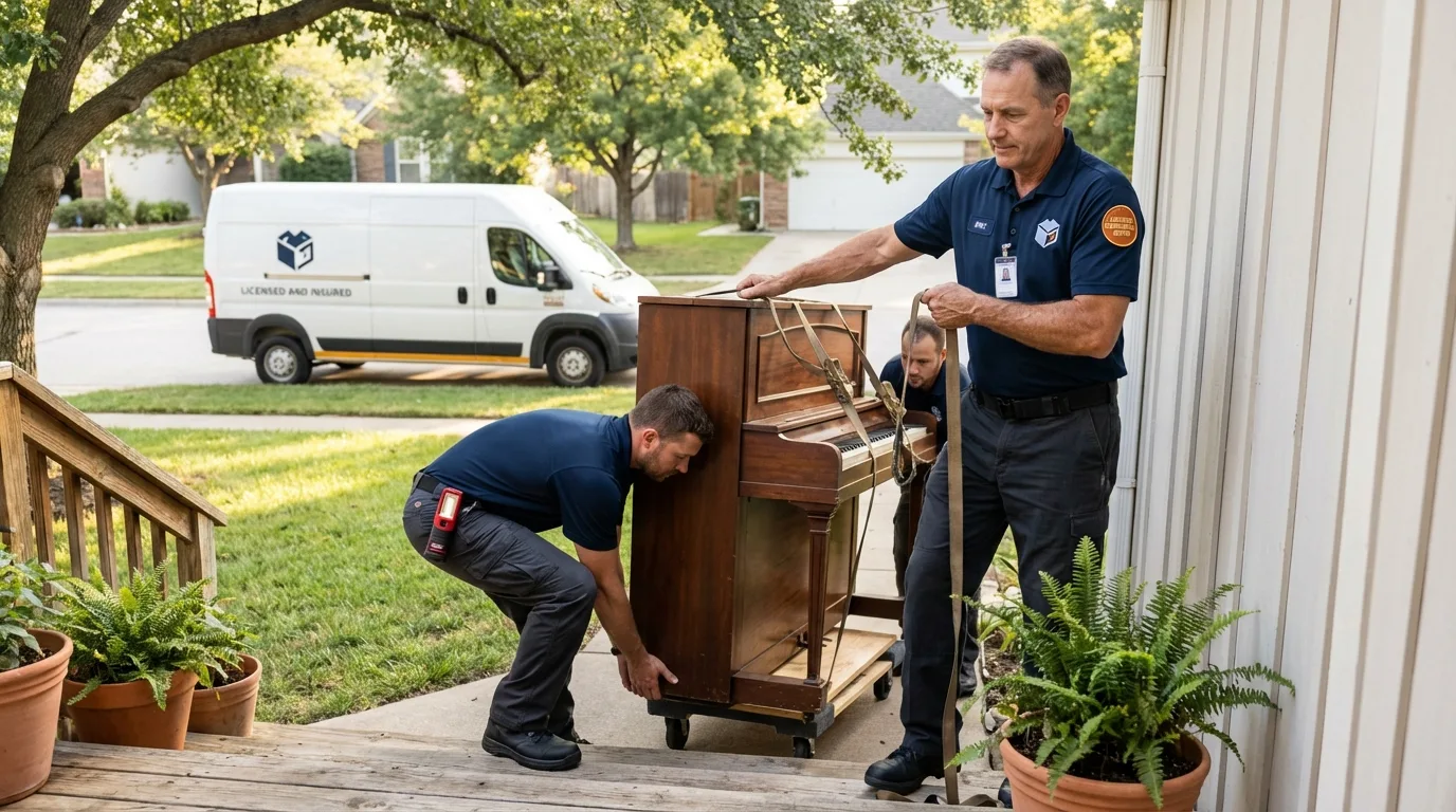 Licensed piano movers securing grand piano in Cheshire, CT