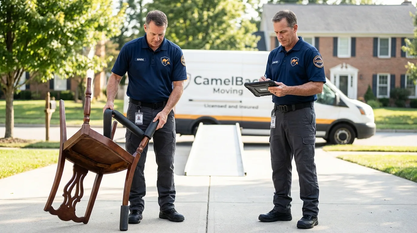 Movers inspecting furniture for damage prevention before loading in Cheshire, CT