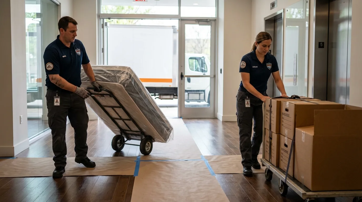 Professional apartment movers loading elevator in Cheshire, CT