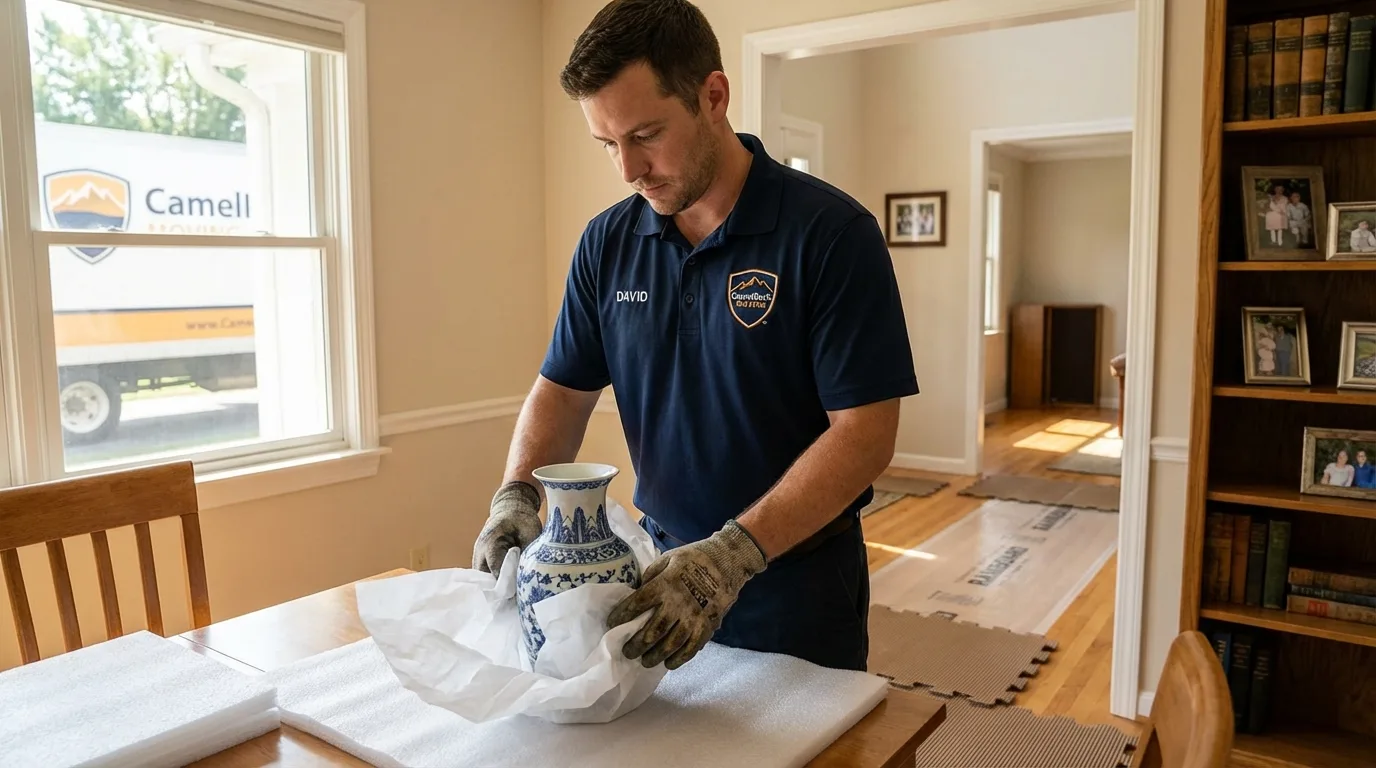 Professional crew carefully wrapping antique vase for senior downsizing move in Cheshire, CT